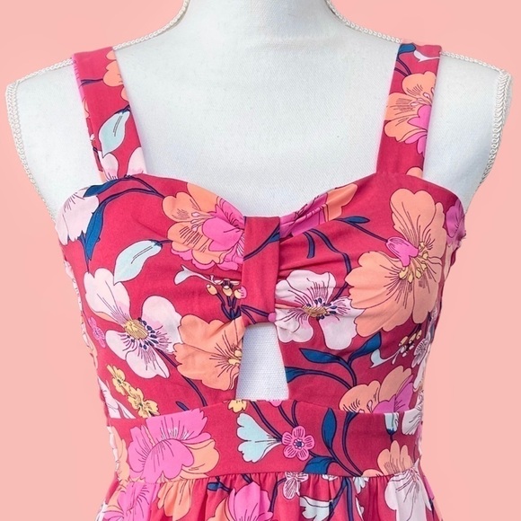 🎁 MONTEAU LA Pink & Red Floral Smocked Maxi Dress Sleeveless Size XS - Picture 2 of 11